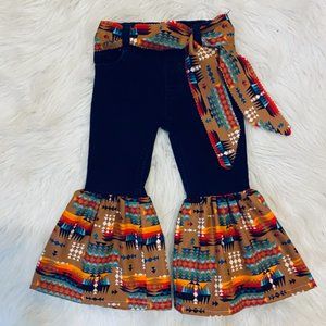 Girls 3T Denim Bell Bottom Flare Jeans Aztec Southwestern Upcycled Western Wear